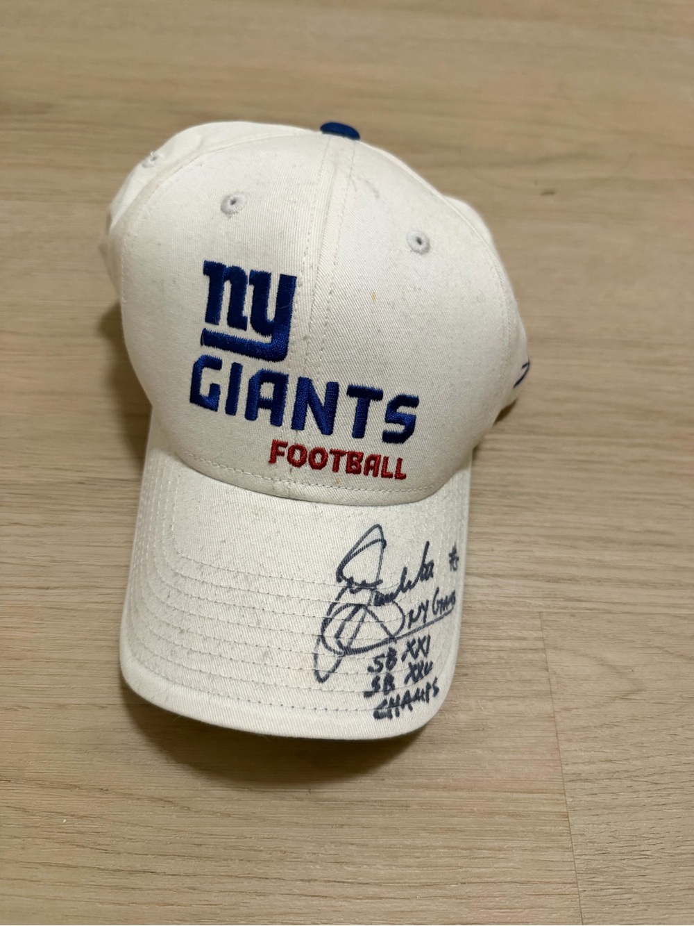 NFL White Cap with Blue 'GIANTS' and Red - Sean Landeta signed